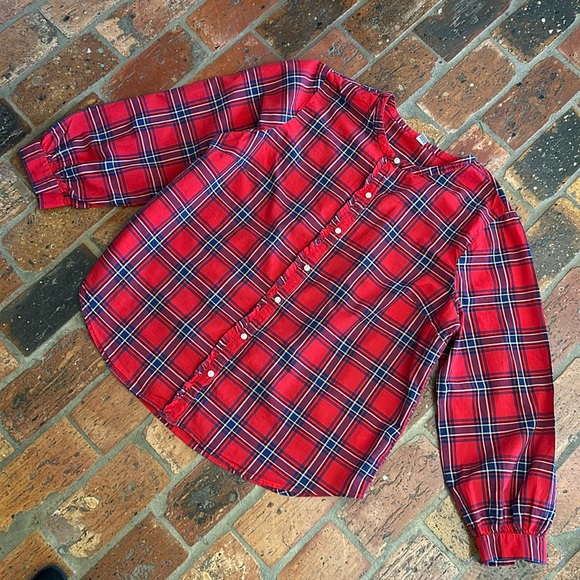 Old Navy Red Blue Plaid Tartan Ruffle Button Trim Long Sleeve Shirt zXL - Picture 5 of 15